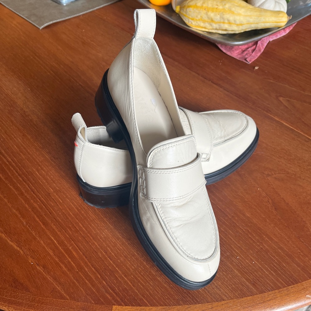 Aeyde Ruth Lug Sole Platform Italian Apron-toe Loafer Crème With A Chunky Heel
